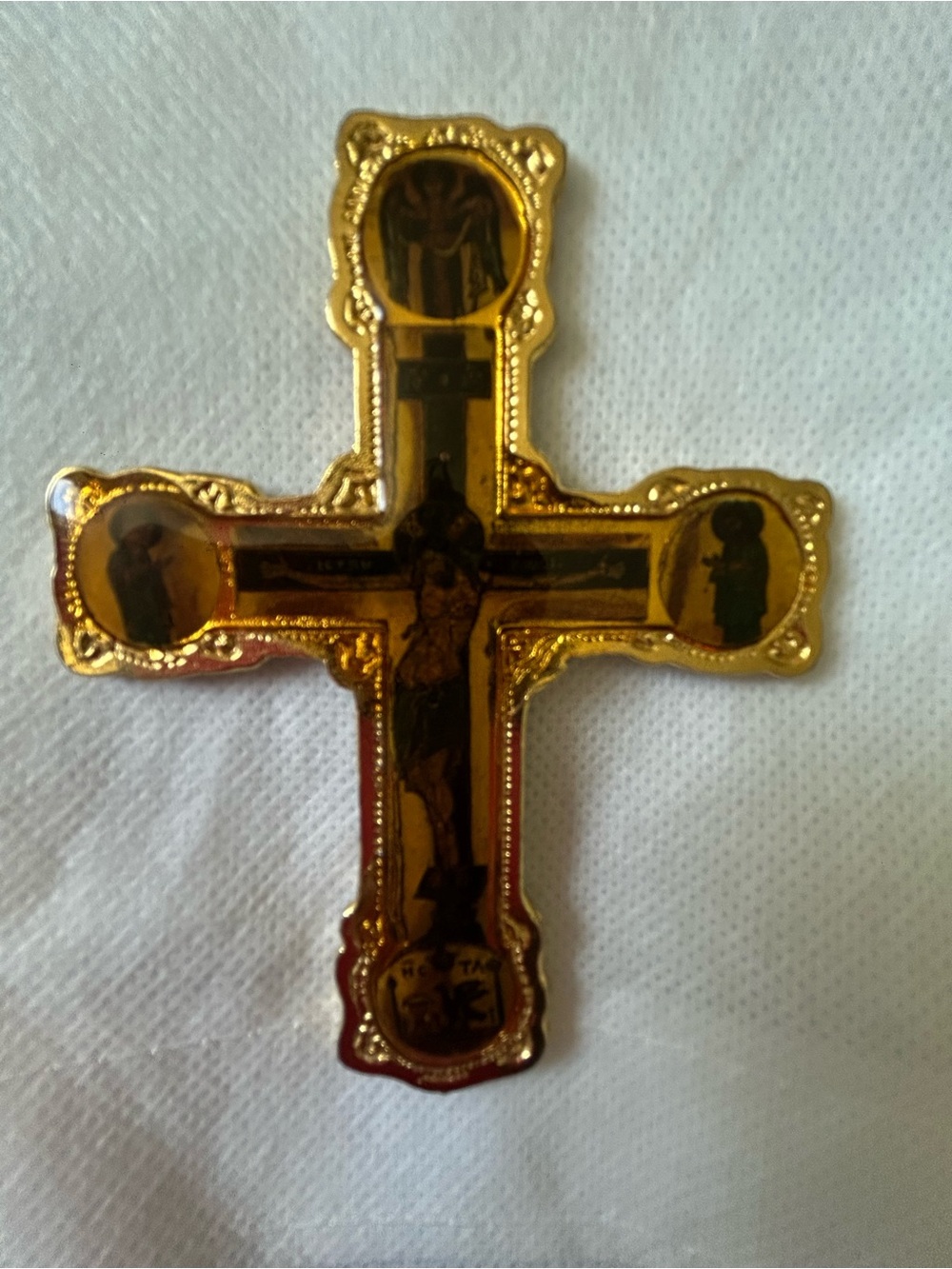 Eastern Orthodox/Byzantine style decoupage cross icon w Virgin Mary & Saint John